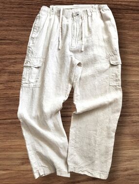 Caribbean creamy beige linen cargo pants 42 x32 Casual Summer Preppy Vacation